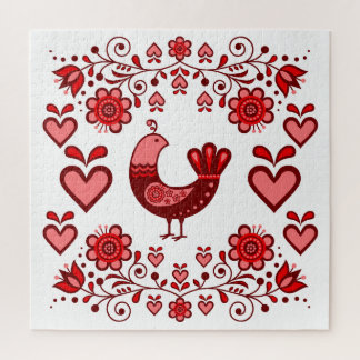 Folk bird/partridge/flowers/heart/red jigsaw puzzle