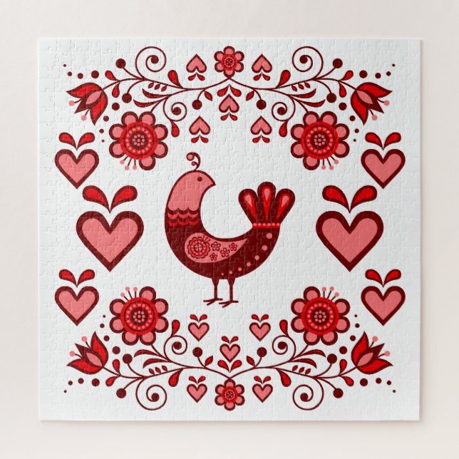 Folk bird/partridge/flowers/heart/red jigsaw puzzle (Vertical)