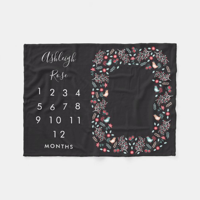 Folk Birds & Flowers Baby Monthly Milestone Fleece Blanket (Front (Horizontal))