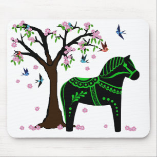 Folk black/green Dala horse, Folk Bird/flower Mouse Mat