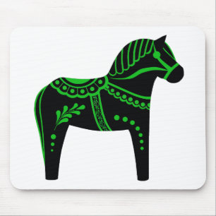 Folk black/green Dala horse, Folk Friesian Mouse Mat