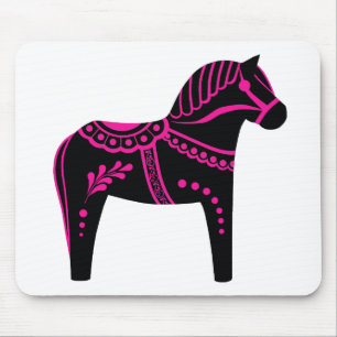 Folk black/pink Dala horse, Folk Friesian Mouse Mat