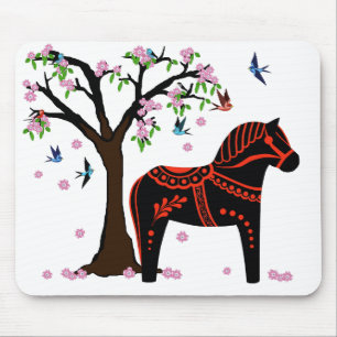 Folk black/red Dala horse, Folk Bird/flower Mouse Mat