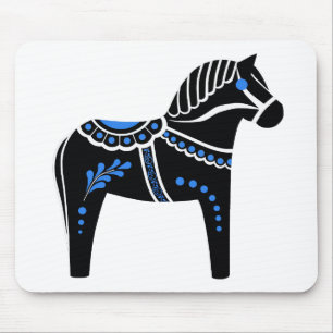 Folk black/white/blue  Dala horse, Folk Friesian Mouse Mat