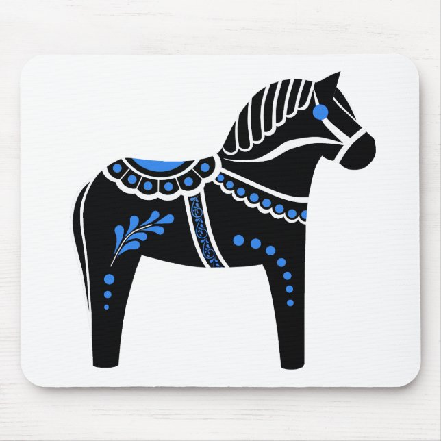 Folk black/white/blue  Dala horse, Folk Friesian Mouse Mat (Front)