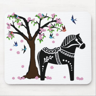 Folk black/white Dala horse, Folk Bird/flower Mouse Mat