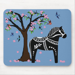 Folk black/white Dala horse, Folk Bird/flower Mouse Mat