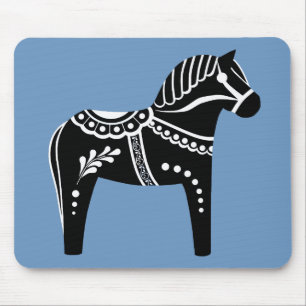 Folk black/white Dala horse, Folk Friesian Mouse Mat