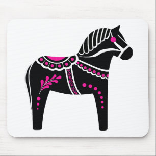 Folk black/white/pink Dala horse, Folk Friesian Mouse Mat