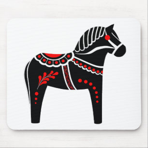 Folk black/white/red Dala horse, Folk Friesian Mouse Mat