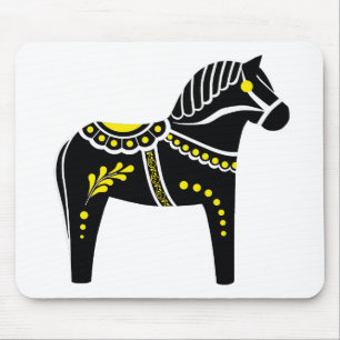 Folk black/white/yellow  Dala horse, Folk Friesian Mouse Mat
