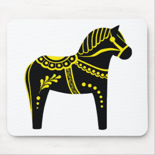 Folk black/yellow/gold Dala horse, Folk Friesian Mouse Mat