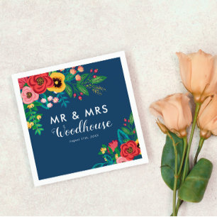 Folk Bouquet - Blue Boho Mr & Mrs Wedding Napkin