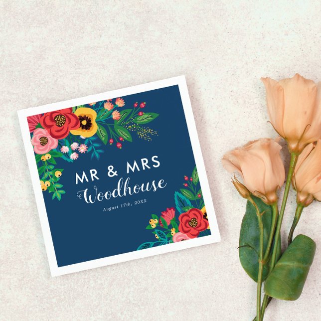 Folk Bouquet - Blue Boho Mr & Mrs Wedding Napkin (Creator Uploaded)