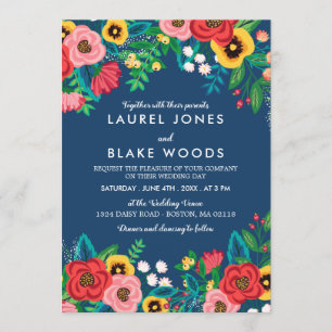 Folk Bouquets - Deep Blue & Red Boho Wedding Invitation