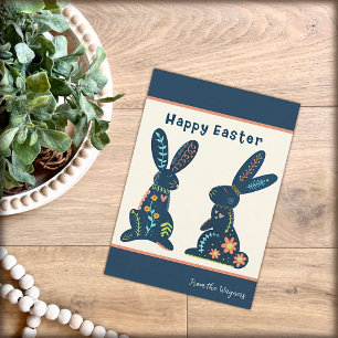 Folk Bunnies Navy Floral Happy Easter Custom Card