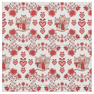 Folk cat/flowers/heart calico cats, red prints 2 fabric