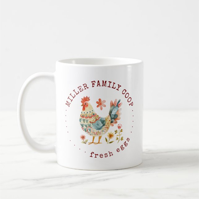 Folk Chicken Family Farm Monogram Coffee Mug (Left)