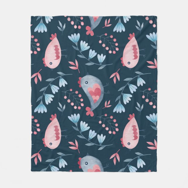 Folk Chickens: Watercolor Seamless Pattern. Fleece Blanket (Front)
