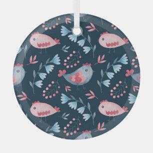 Folk Chickens: Watercolor Seamless Pattern. Glass Tree Decoration