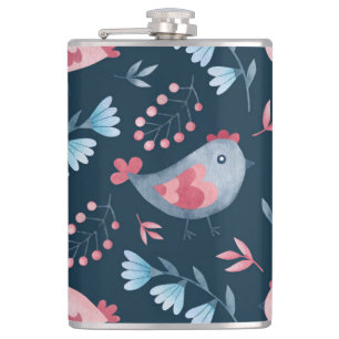 Folk Chickens: Watercolor Seamless Pattern. Hip Flask
