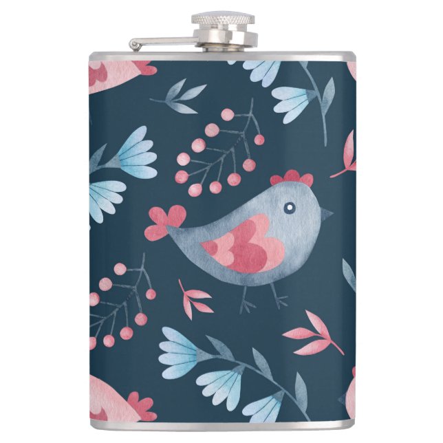 Folk Chickens: Watercolor Seamless Pattern. Hip Flask (Front)