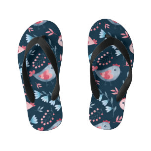 Folk Chickens: Watercolor Seamless Pattern. Kid's Flip Flops
