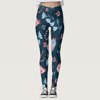 Folk Chickens: Watercolor Seamless Pattern. Leggings