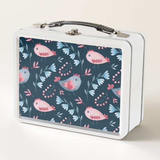 Folk Chickens: Watercolor Seamless Pattern. Metal Lunch Box (Front)