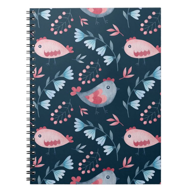 Folk Chickens: Watercolor Seamless Pattern. Notebook (Front)