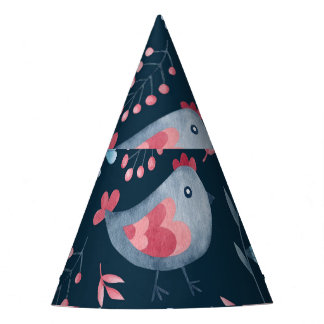 Folk Chickens: Watercolor Seamless Pattern. Party Hat