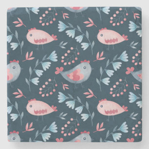 Folk Chickens: Watercolor Seamless Pattern. Stone Coaster