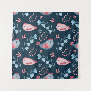 Folk Chickens: Watercolor Seamless Pattern. Tapestry
