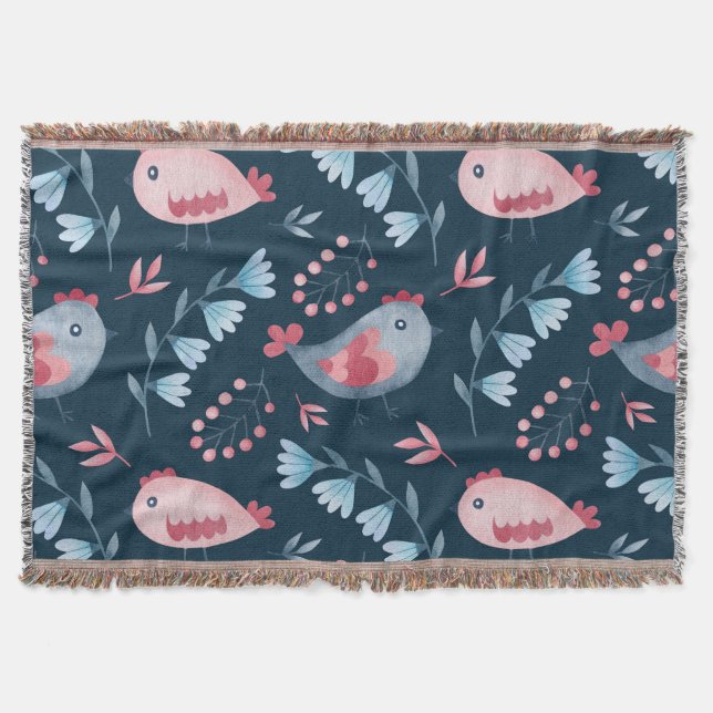 Folk Chickens: Watercolor Seamless Pattern. Throw Blanket (Front)