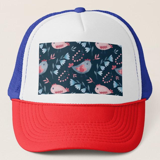 Folk Chickens: Watercolor Seamless Pattern. Trucker Hat (Front)