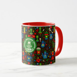 Folk coffee logo badge on colorful barista pattern mug