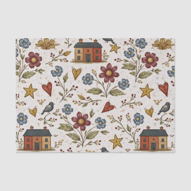 Folk Cottage Hearts Garden Pattern Tissue Paper (Front)