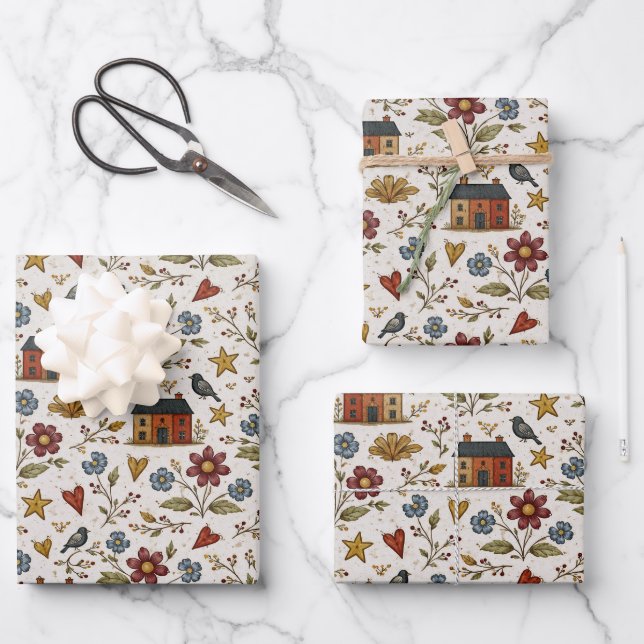 Folk Cottage Hearts Garden Pattern Wrapping Paper Sheet (Front)