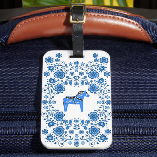 Folk Dala horse floral flower design/white B Luggage Tag