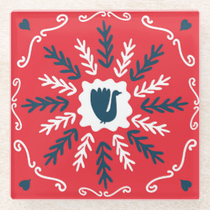 Folk Doodle Art Christmas Tile Glass Coaster