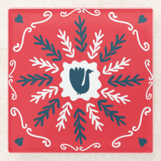 Folk Doodle Art Christmas Tile Glass Coaster