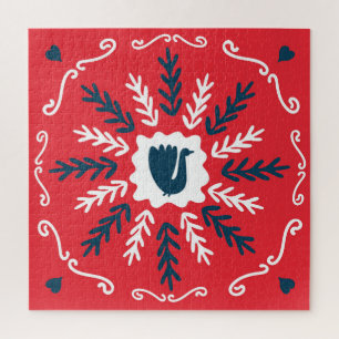 Folk Doodle Art Christmas Tile Jigsaw Puzzle