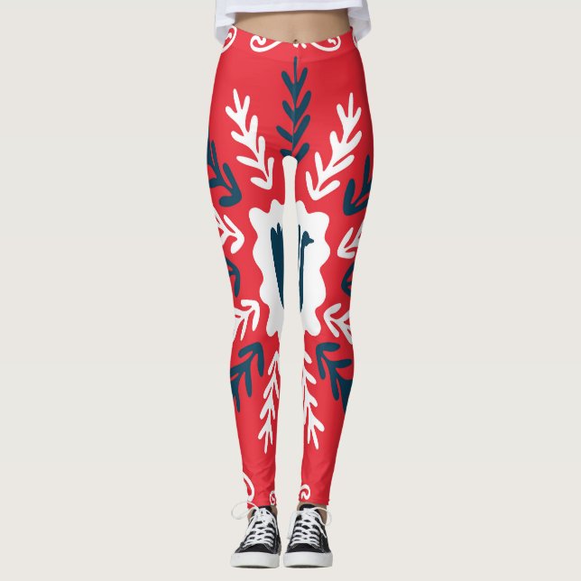 Folk Doodle Art Christmas Tile Leggings (Front)
