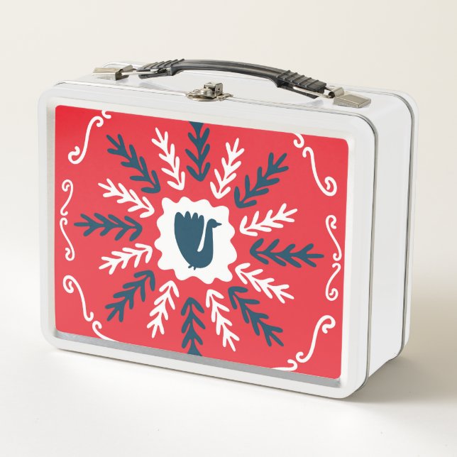 Folk Doodle Art Christmas Tile Metal Lunch Box (Front)