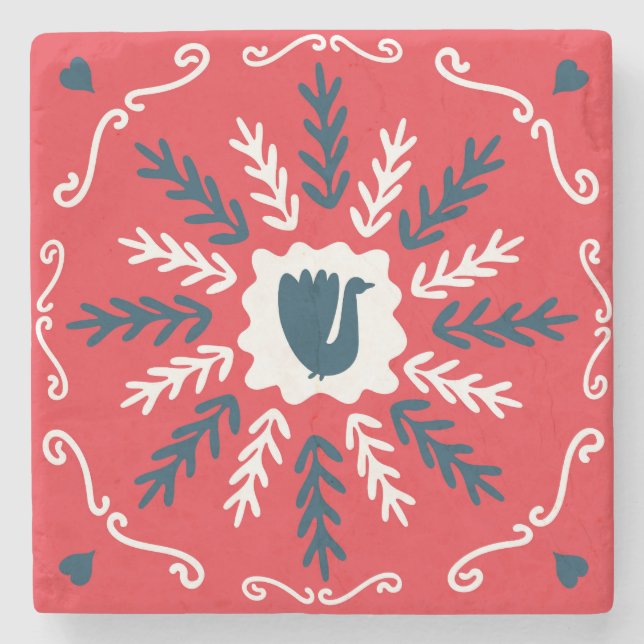 Folk Doodle Art Christmas Tile Stone Coaster (Front)
