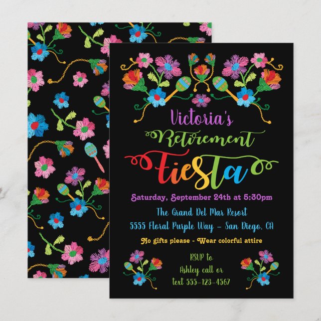 Folk Embroidery Mexican Fiesta Retirement Party Invitation (Front/Back)