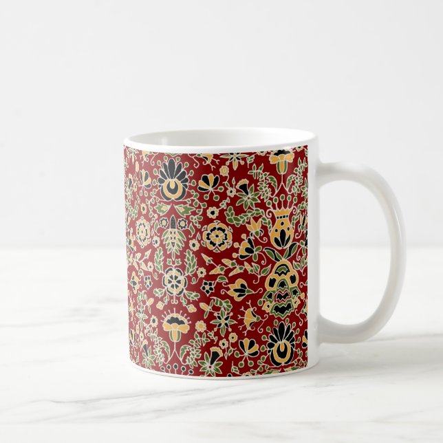 Folk Embroidery Yellow, Green, Black on Deep Red Coffee Mug (Right)