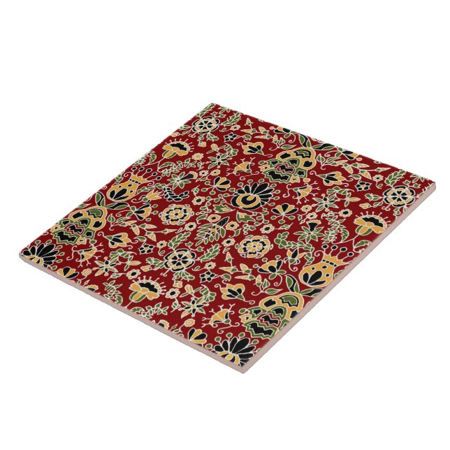 Folk Embroidery Yellow, Green, Black on Deep Red Tile (Side)