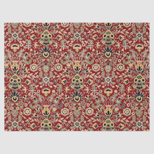 Folk Embroidery Yellow, Green, Black on Deep Red Tissue Paper (Front)