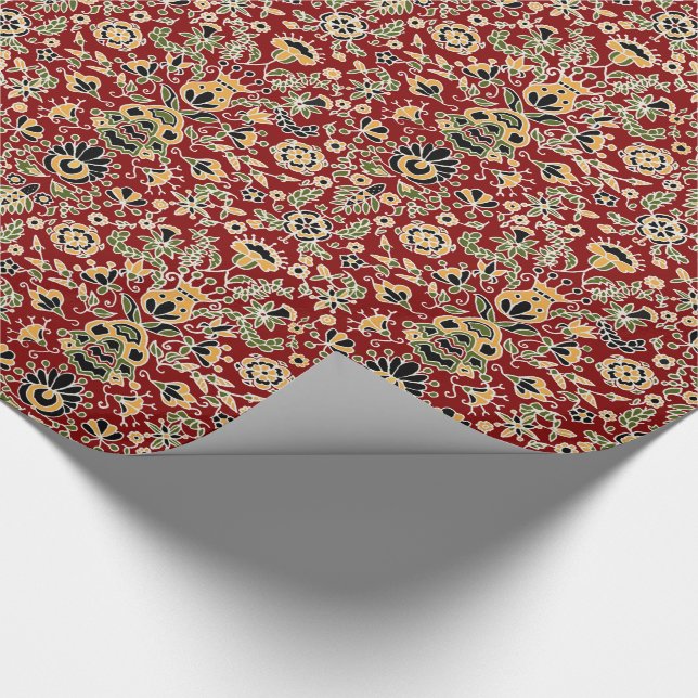 Folk Embroidery Yellow, Green, Black on Deep Red Wrapping Paper (Corner)